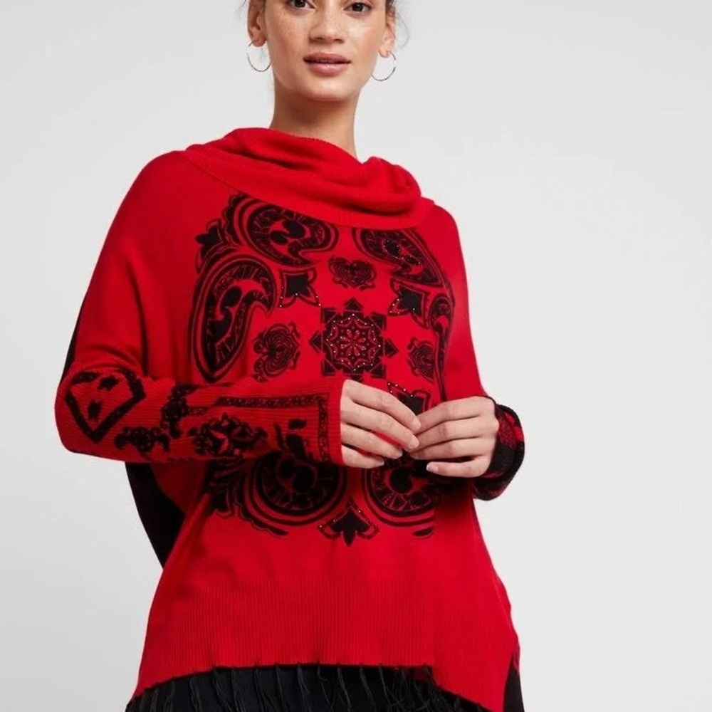 Desigual Women Sweater Medium Red Black Marylebone Fringed Cowl Neck Art Paisley
